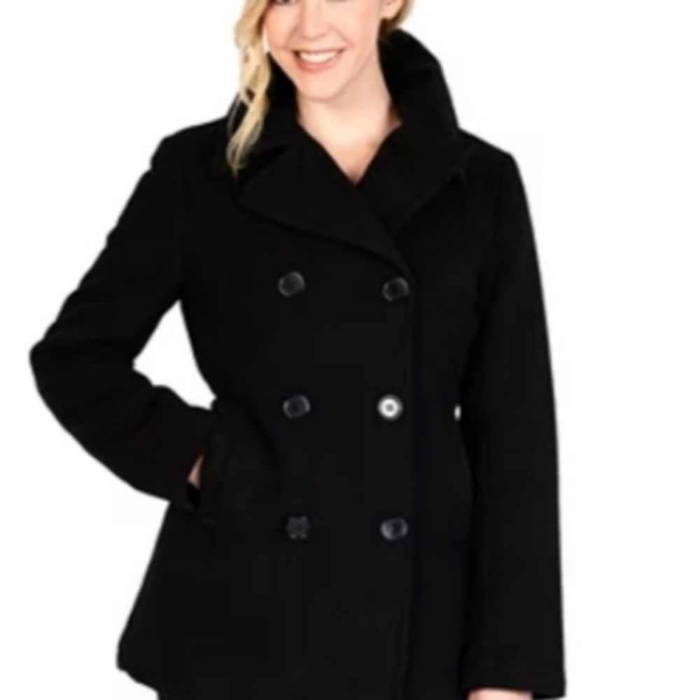 Relativity Women's Wool Blend Double Breasted Pea Coat Black Size Large